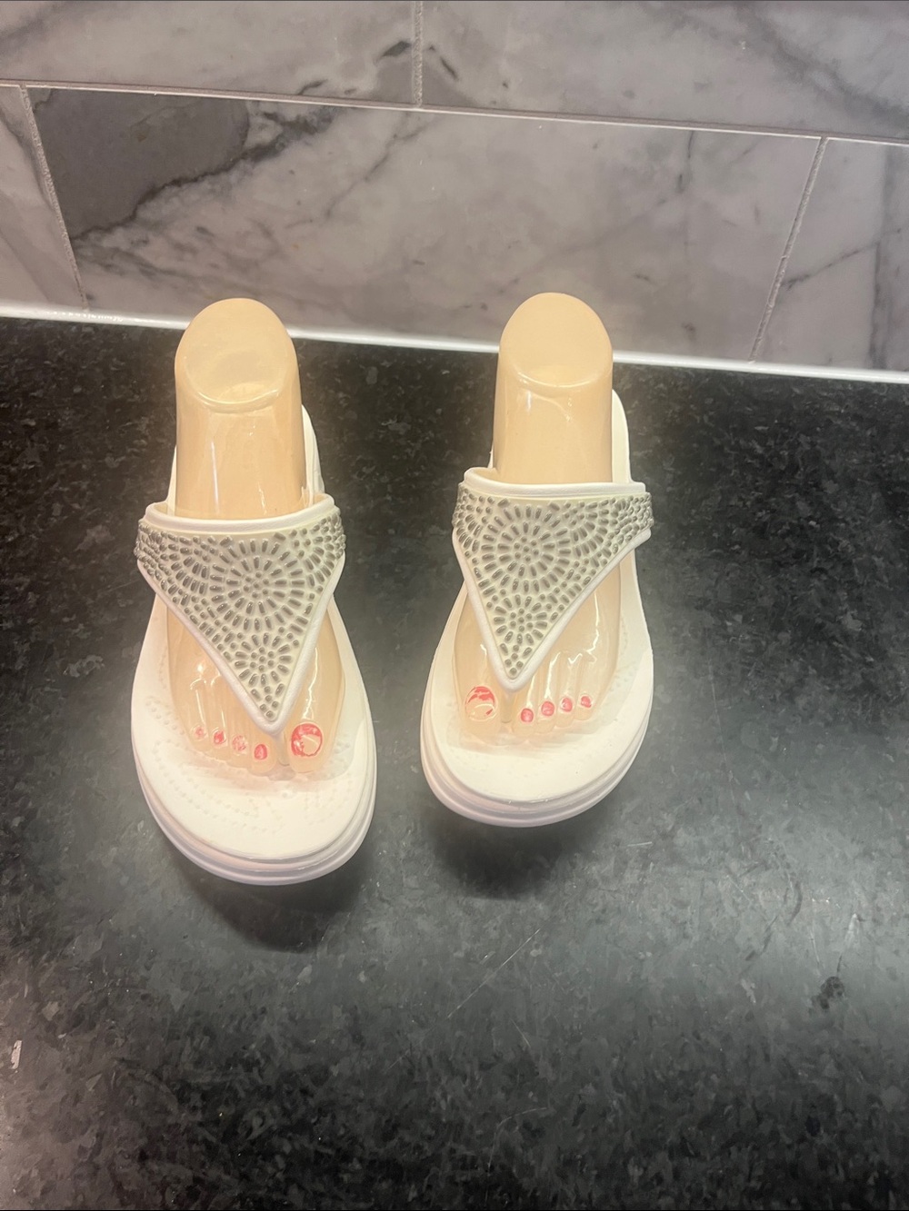 Women's White Embellished Wedge Thong Crocs Sandals